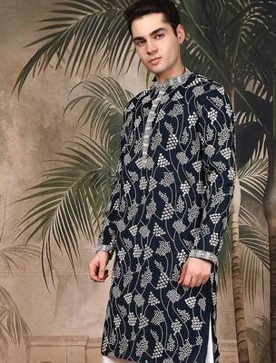 Blue silk sequins kurta for men 2