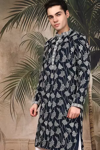 Blue silk sequins kurta for men