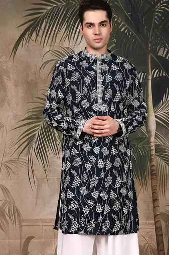 Blue silk sequins kurta for men