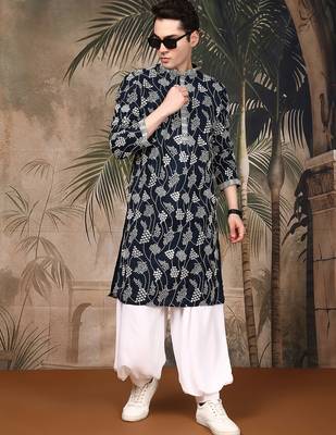 Blue silk sequins kurta for men 5