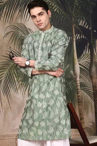 Green silk sequins kurta for men
