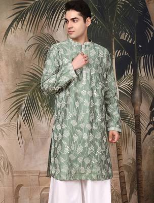 Green silk sequins kurta for men 2