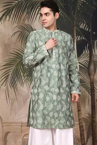 Green silk sequins kurta for men