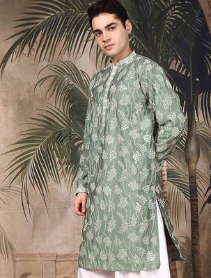 Green silk sequins kurta for men 3