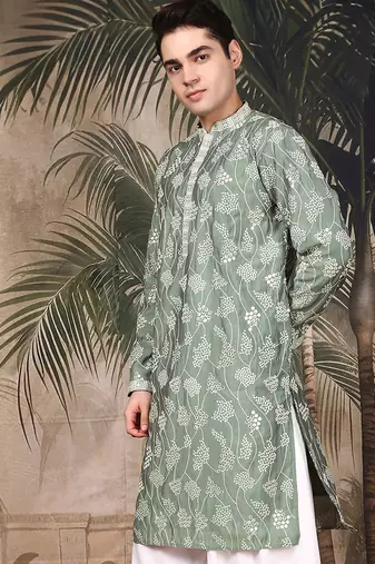 Green silk sequins kurta for men