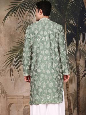 Green silk sequins kurta for men 4
