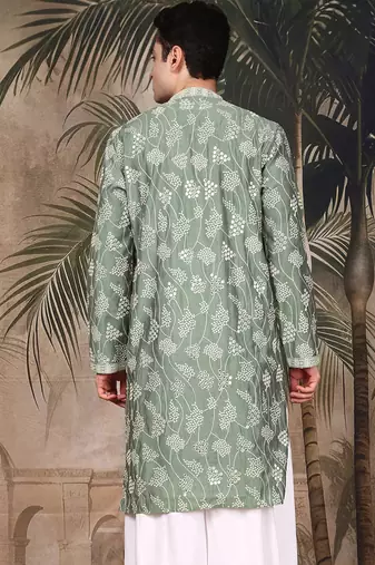 Green silk sequins kurta for men