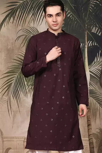 Purple silk blend sequins kurta for men