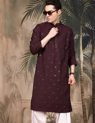 Purple silk blend sequins kurta for men 2