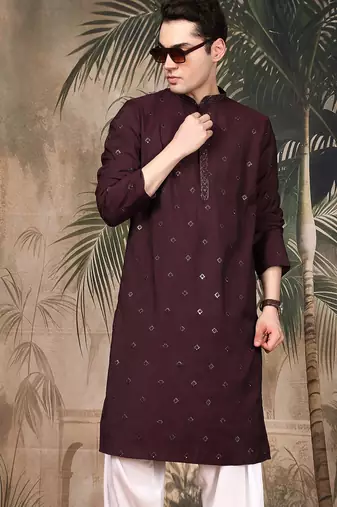 Purple silk blend sequins kurta for men