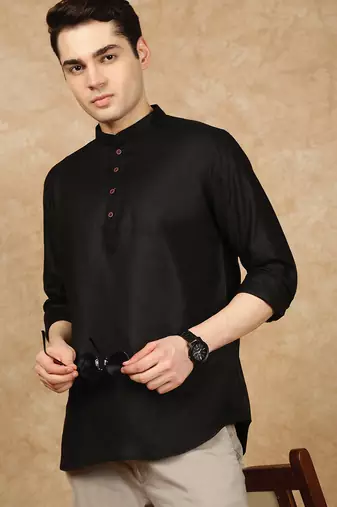 Black rayon floral Short kurta for men