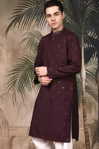 Purple silk blend sequins kurta for men