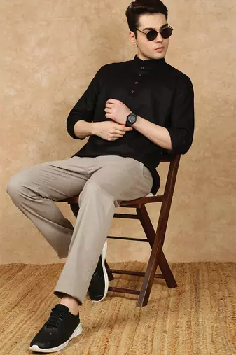 Black rayon floral Short kurta for men