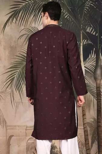 Purple silk blend sequins kurta for men