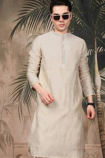 Beige silk blend sequins kurta for men