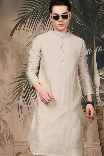 Beige silk blend sequins kurta for men