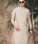 Beige silk blend sequins kurta for men