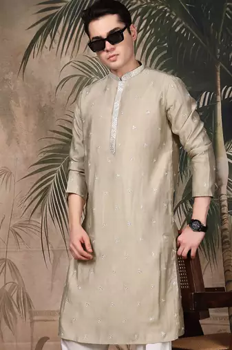 Beige silk blend sequins kurta for men