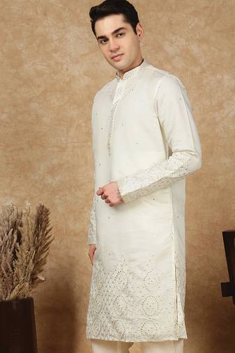 Cream rayon floral kurta for men