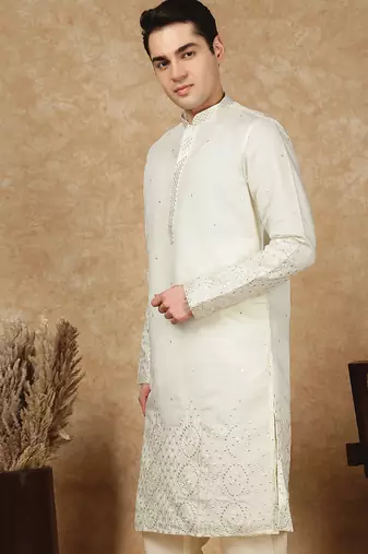 Cream rayon floral kurta for men