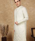 Cream rayon floral kurta for men