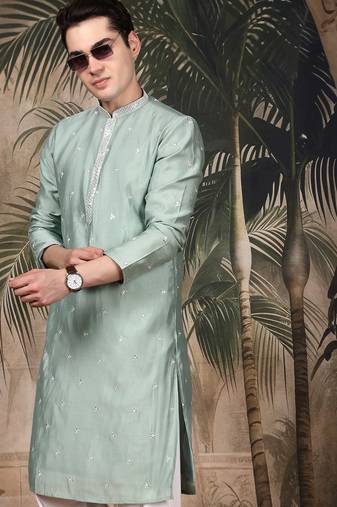 Green silk blend sequins kurta for men
