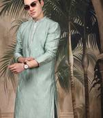 Green silk blend sequins kurta for men