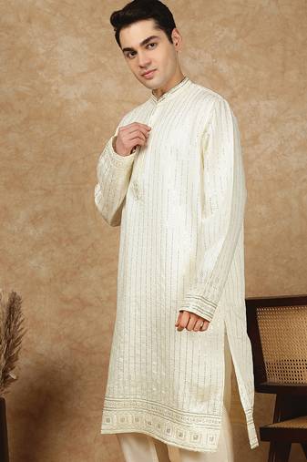 Cream rayon floral kurta for men