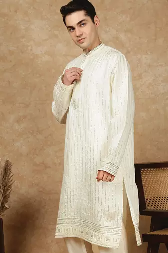 Cream rayon floral kurta for men