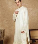 Cream rayon floral kurta for men
