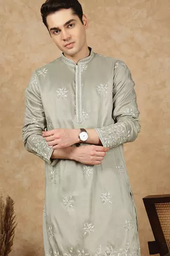 Green rayon floral kurta for men