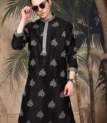 Black silk blend sequins kurta for men