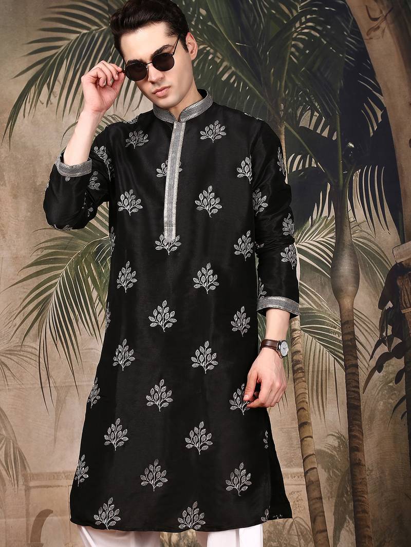 Black silk blend sequins kurta for men
