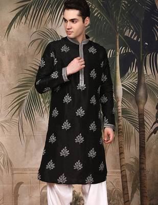 Black silk blend sequins kurta for men 2