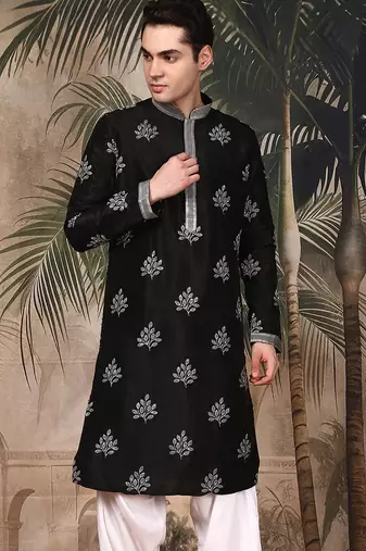 Black silk blend sequins kurta for men