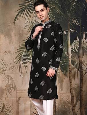 Black silk blend sequins kurta for men 3