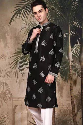 Black silk blend sequins kurta for men