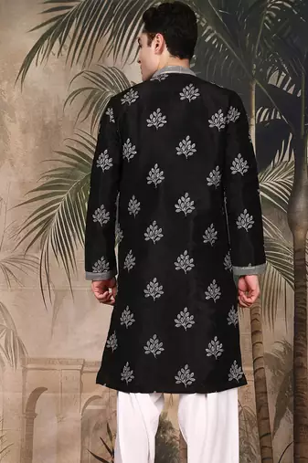 Black silk blend sequins kurta for men