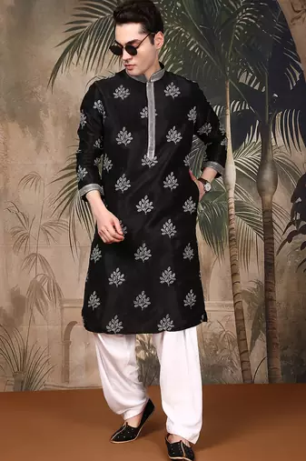 Black silk blend sequins kurta for men