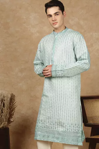 Green rayon floral kurta for men