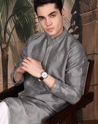 Grey silk blend sequins kurta for men 1
