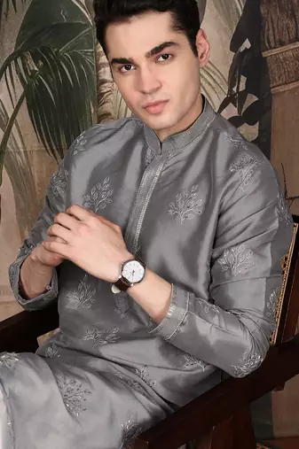 Grey silk blend sequins kurta for men