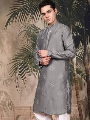Grey silk blend sequins kurta for men 2