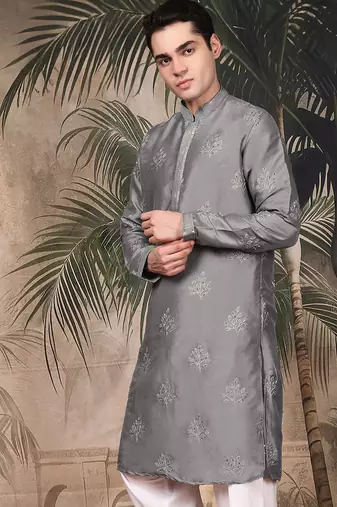 Grey silk blend sequins kurta for men