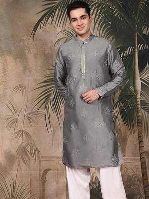 Grey silk blend sequins kurta for men 3