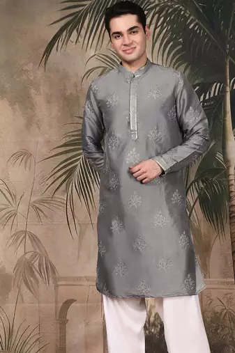 Grey silk blend sequins kurta for men