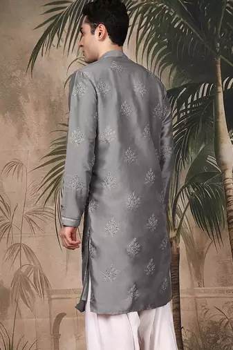 Grey silk blend sequins kurta for men