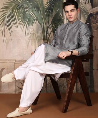 Grey silk blend sequins kurta for men 5