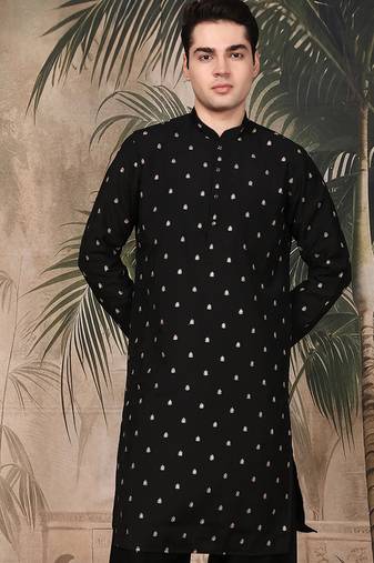 Black silk blend sequins kurta for men