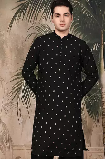 Black silk blend sequins kurta for men